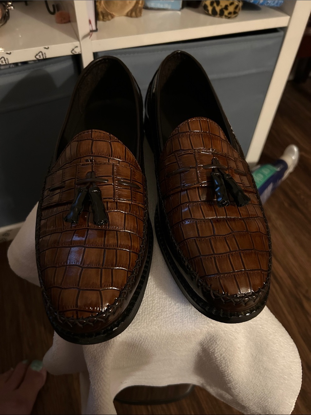 Croc-Embossed Brown Tassel Slip-On Loafers